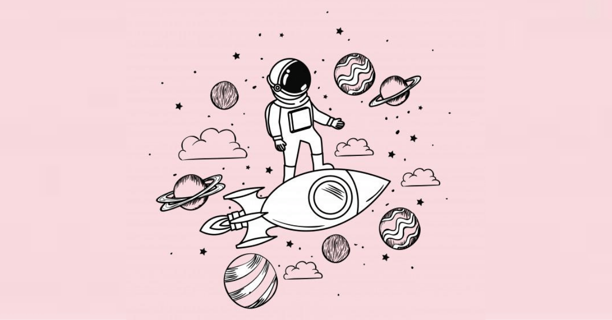 astronauta con cohete y planetas