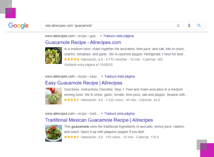 google search with site command example with word guacamole and site allrecipes